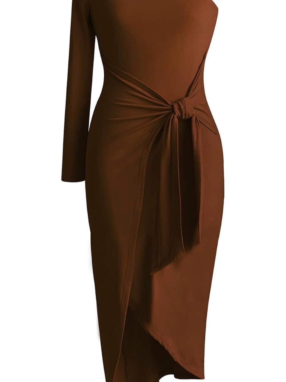 Asymmetric One-Shoulder Brown Tie-Waist Dress